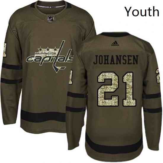 Youth Adidas Washington Capitals 21 Lucas Johansen Premier Green Salute to Service NHL Jersey